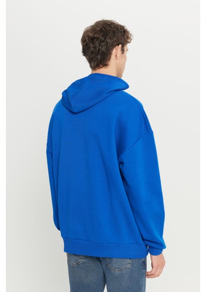 Erkek Mavi Oversize Fit Bol Kesim Kapüşonlu Içi Polarlı 3 Iplik Pamuklu Sweatshirt indirimleri