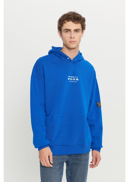 Erkek Mavi Oversize Fit Bol Kesim Kapüşonlu Içi Polarlı 3 Iplik Pamuklu Sweatshirt