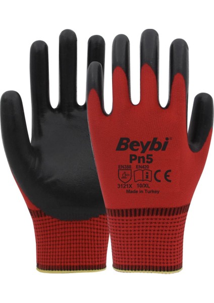 Beybi Pn5 Zebra Kırmızı Polyester Örme Nitril Iş Eldiveni 10 Beden 12'li