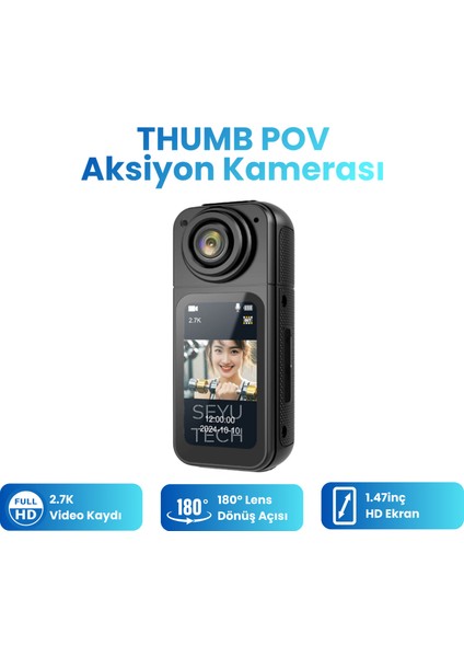Thumb Pov Aksiyon Kamerası 2.7k 1080P Video Kaydı 180° Lens Dönüşü Güçlü Bataryalı Aksiyon Kamerası