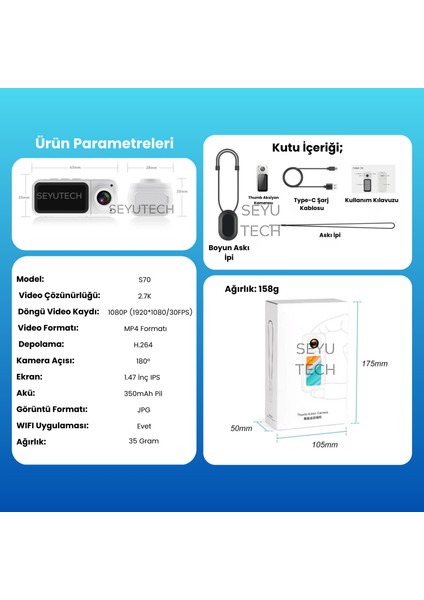 Thumb Pov Aksiyon Kamerası 2.7k 1080P Video Kaydı 180° Lens Dönüşü Güçlü Bataryalı Aksiyon Kamerası indirimleri