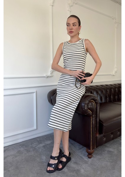 Merserize Çizgili Basic Elbise- Ekru