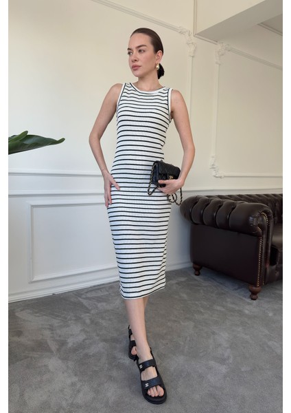 Merserize Çizgili Basic Elbise- Ekru modelleri