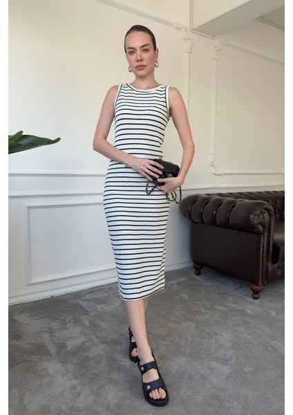 Merserize Çizgili Basic Elbise- Ekru fırsatları