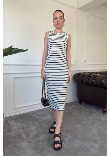 Merserize Çizgili Basic Elbise- Ekru indirimleri