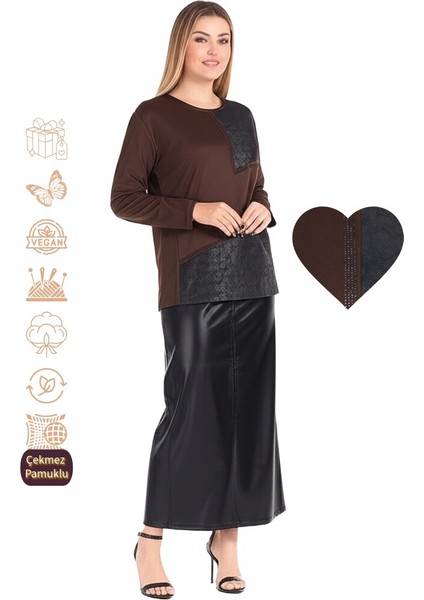 Kadın Viskon Penye Kumaş Taşlı Anne Bluz yuvarlak Yaka Desenli Uzun Kol Rahat Kesim Tam Kalıp Likralı