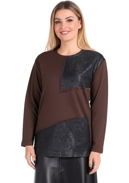 Kadın Viskon Penye Kumaş Taşlı Anne Bluz yuvarlak Yaka Desenli Uzun Kol Rahat Kesim Tam Kalıp Likralı modelleri