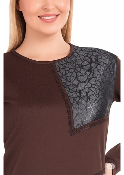 Kadın Viskon Penye Kumaş Taşlı Anne Bluz yuvarlak Yaka Desenli Uzun Kol Rahat Kesim Tam Kalıp Likralı fırsatları