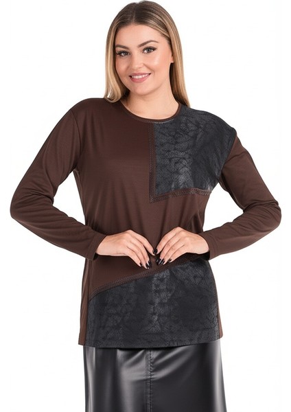 Kadın Viskon Penye Kumaş Taşlı Anne Bluz yuvarlak Yaka Desenli Uzun Kol Rahat Kesim Tam Kalıp Likralı indirimleri