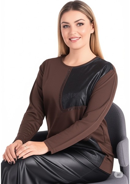 Kadın Viskon Penye Kumaş Taşlı Anne Bluz yuvarlak Yaka Desenli Uzun Kol Rahat Kesim Tam Kalıp Likralı