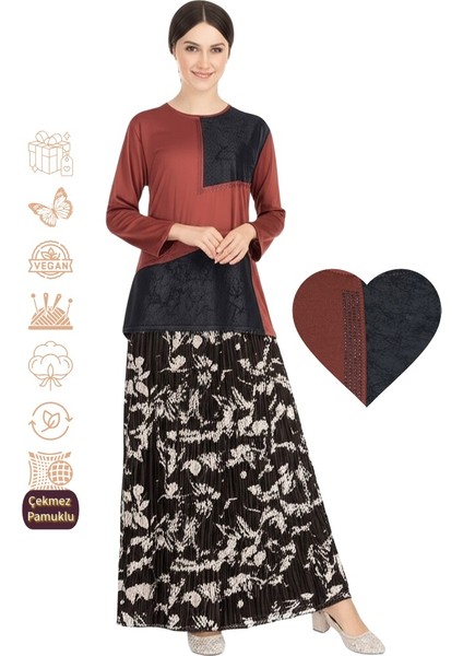 Kadın Viskon Penye Kumaş Taşlı Anne Bluz yuvarlak Yaka Desenli Uzun Kol Rahat Kesim Tam Kalıp Likralı