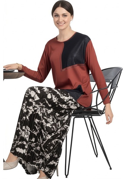 Kadın Viskon Penye Kumaş Taşlı Anne Bluz yuvarlak Yaka Desenli Uzun Kol Rahat Kesim Tam Kalıp Likralı modelleri