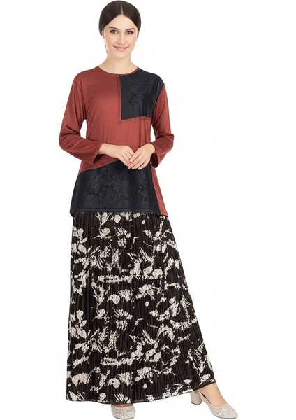 Kadın Viskon Penye Kumaş Taşlı Anne Bluz yuvarlak Yaka Desenli Uzun Kol Rahat Kesim Tam Kalıp Likralı fırsatları