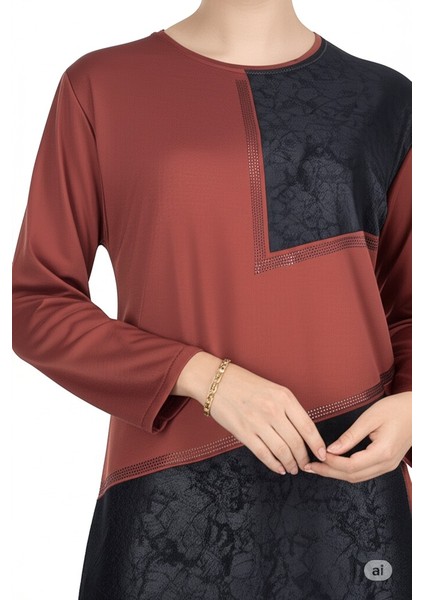 Kadın Viskon Penye Kumaş Taşlı Anne Bluz yuvarlak Yaka Desenli Uzun Kol Rahat Kesim Tam Kalıp Likralı indirimleri