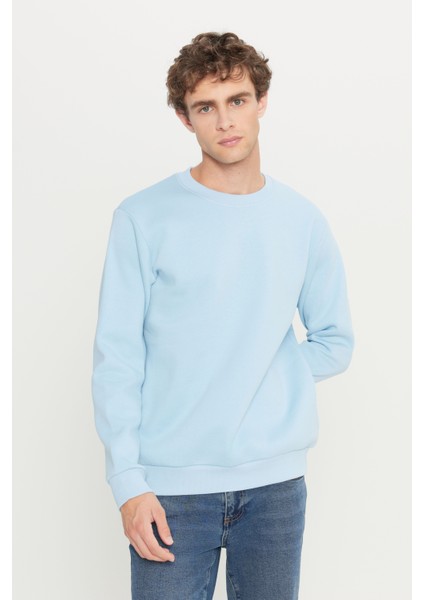 Erkek Açık Mavi Standart Fit Normal Kesim Içi Polarlı 3 Iplik Bisiklet Yaka Pamuklu Sweatshirt