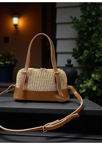 Kadın Örgü Dokulu Özel Tasarım Camel Renk Baget Çanta