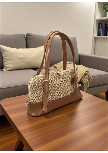 Kadın Örgü Dokulu Özel Tasarım Camel Renk Baget Çanta fiyatları
