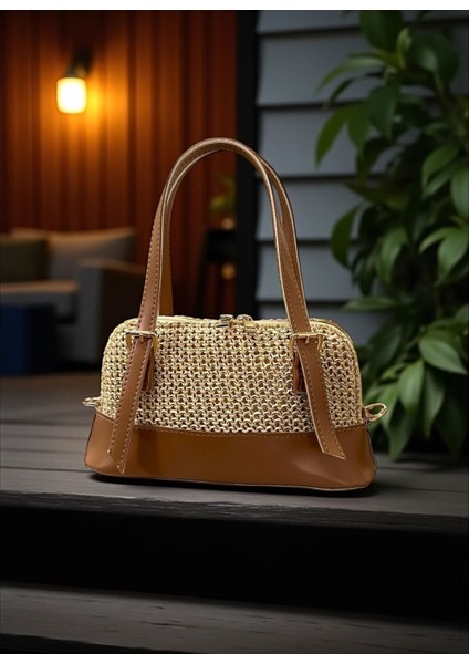 Kadın Örgü Dokulu Özel Tasarım Camel Renk Baget Çanta modelleri