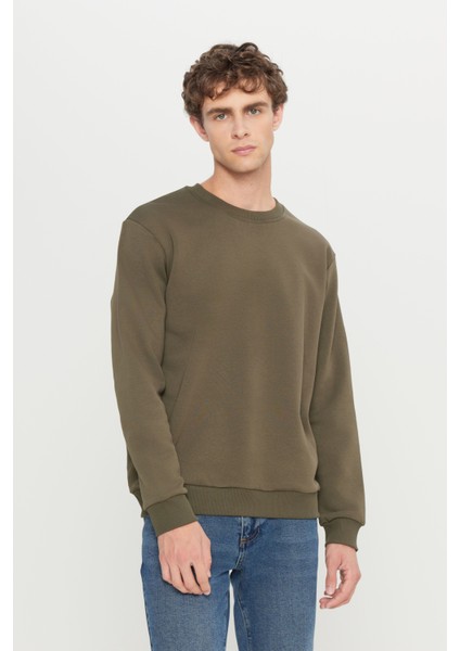 Erkek Haki Standart Fit Normal Kesim Içi Polarlı 3 Iplik Bisiklet Yaka Pamuklu Sweatshirt