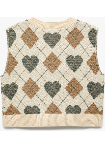 Kalp Desenli V Yaka Kolsuz Triko Süveter fırsatları