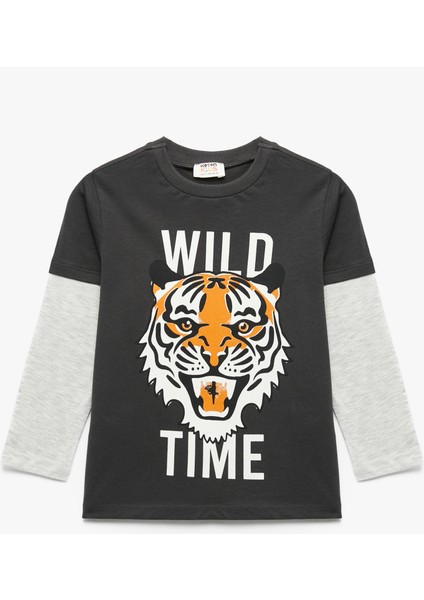 Uzun Kollu Bisiklet Yaka Kaplan Baskılı Pamuklu Tişört