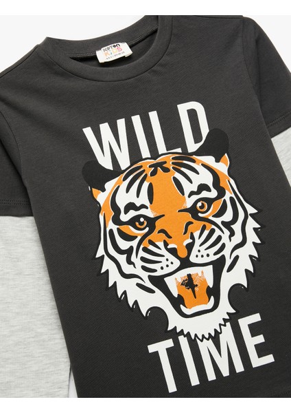 Uzun Kollu Bisiklet Yaka Kaplan Baskılı Pamuklu Tişört modelleri