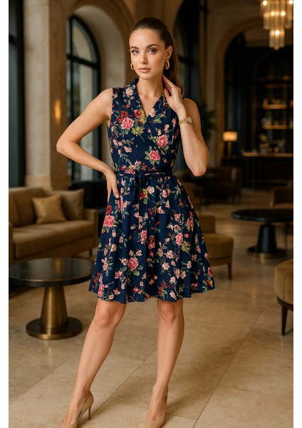 Kadın Lacivert Çiçek Desenli Kruvaze Yaka Kolsuz Yazlık Elbise fiyatları