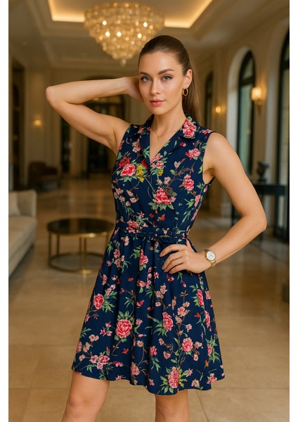 Kadın Lacivert Çiçek Desenli Kruvaze Yaka Kolsuz Yazlık Elbise modelleri