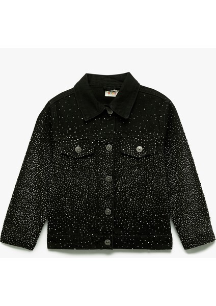 Pamuklu Uzun Kollu Taş Detaylı Jean Ceket