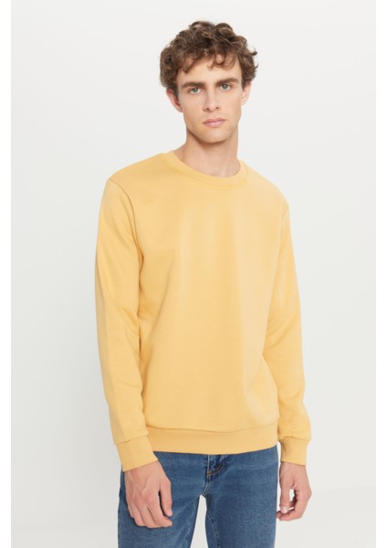 Erkek Hardal Standart Fit Normal Kesim Içi Polarlı 3 Iplik Bisiklet Yaka Pamuklu Sweatshirt