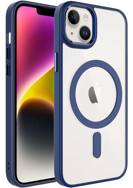 Apple iPhone 14 Plus Kılıf Wireless Şarj Özellikli Zıvo Krom Magsafe Silikon Kapak-Lacivert
