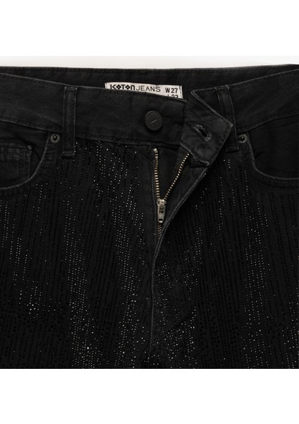 Yüksek Bel Taş Detaylı Düz Paça Jean Pantolon - Straight Fit Jean fırsatları
