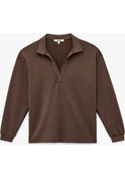 Rahat Kalıp Modal Kumaş Uzun Kollu Polo Yaka Sweatshirt