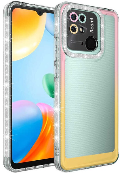 Xiaomi Redmi 10C Kılıf Simli ve Renk Geçiş Tasarımlı Lens Korumalı Zıvo Park Kapak-Pembe-Sarı