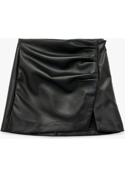Drapeli Yırtmaçlı Suni Deri Mini Etek