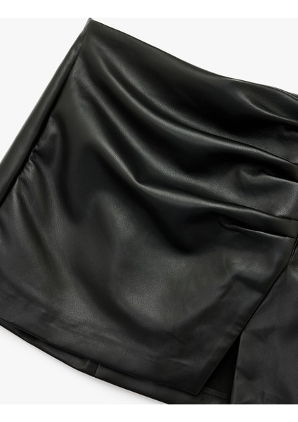 Drapeli Yırtmaçlı Suni Deri Mini Etek modelleri