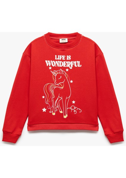 Şardonlu Uzun Kollu Bisiklet Yaka Pamuklu Unicorn Baskılı Sweatshirt