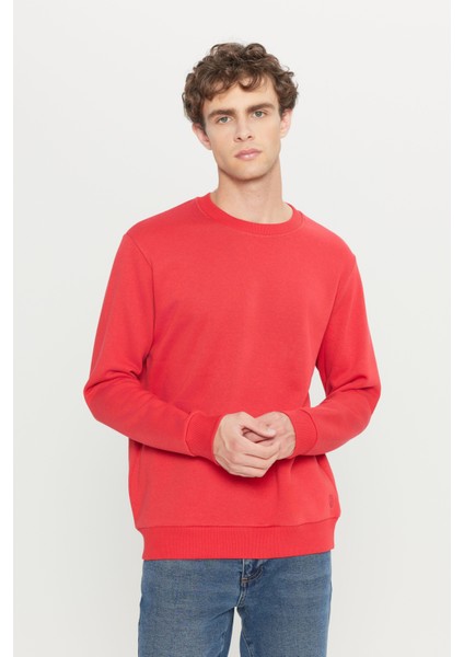 Erkek Kırmızı Standart Fit Normal Kesim Içi Polarlı 3 Iplik Bisiklet Yaka Pamuklu Sweatshirt