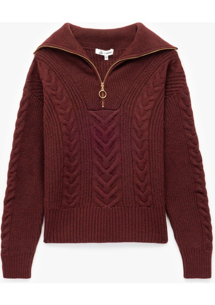 Saç Örgü Dokulu Yarım Fermuarlı Yaka Uzun Kollu Triko Kazak