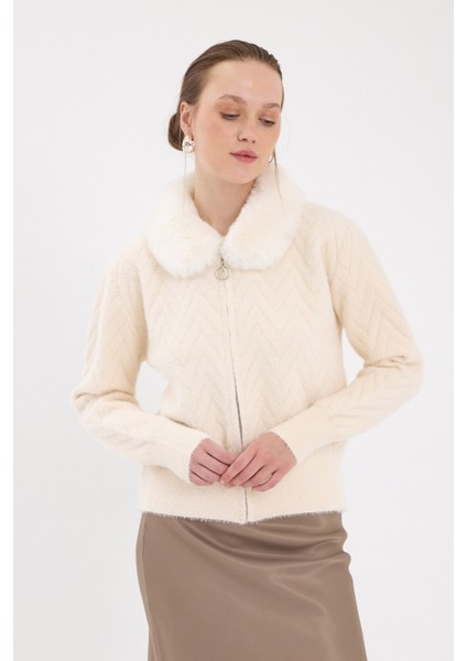 Natural Yaka Kürk Detaylı Kadın Hırka 6680