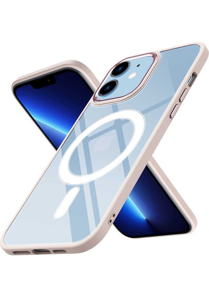 iPhone 12 Uyumlu Wireless Şarj Özellikli Zıvo Krom Magsafe Silikon Kapak-Pembe Açık