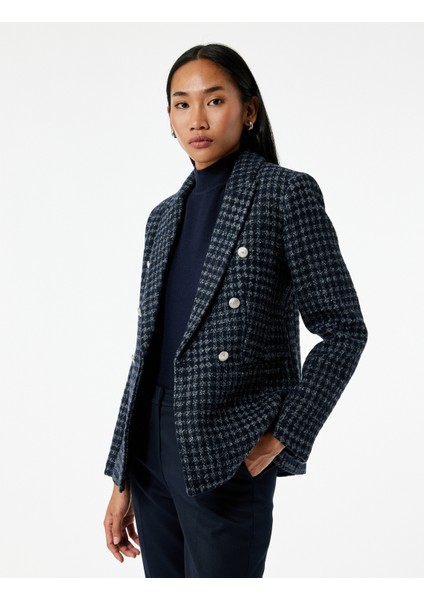 Kruvaze Yaka Cepli Uzun Kollu Ekose Tüvit Kısa Blazer Ceket