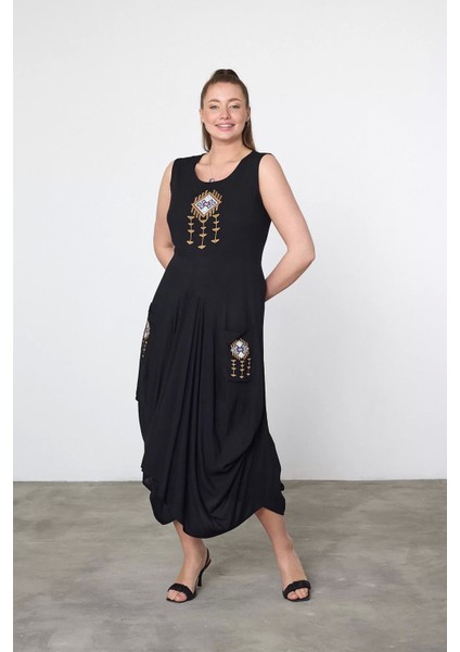 Kadın Kısa Kol Nakış Detaylı Cepli Otantik Elbise fiyatları