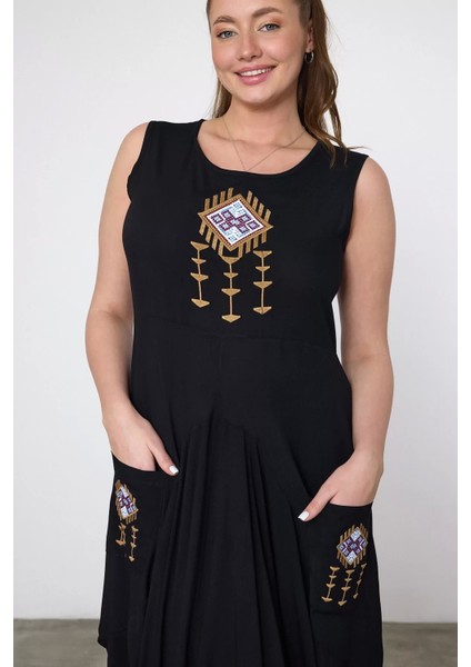 Kadın Kısa Kol Nakış Detaylı Cepli Otantik Elbise modelleri