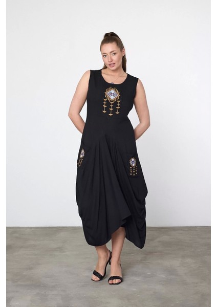 Kadın Kısa Kol Nakış Detaylı Cepli Otantik Elbise fırsatları