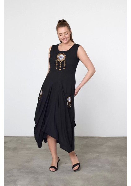 Kadın Kısa Kol Nakış Detaylı Cepli Otantik Elbise indirimleri