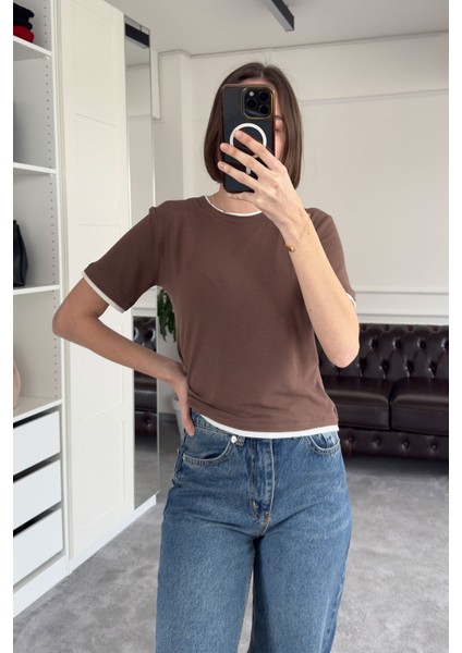 Renk Detay Triko Tshirt- Kahverengi