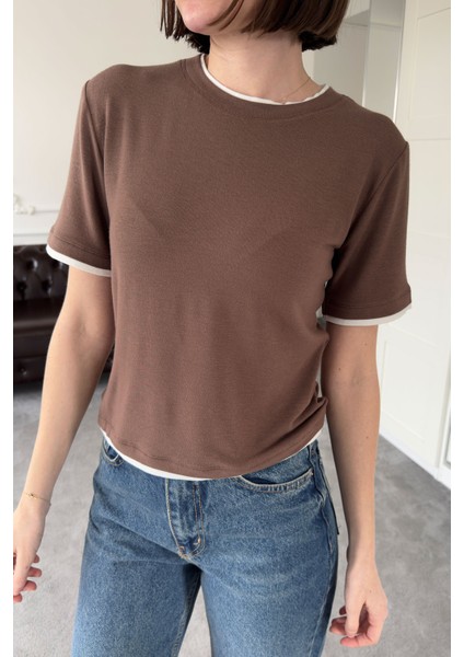 Renk Detay Triko Tshirt- Kahverengi fiyatları