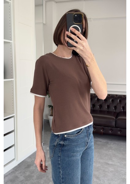 Renk Detay Triko Tshirt- Kahverengi modelleri