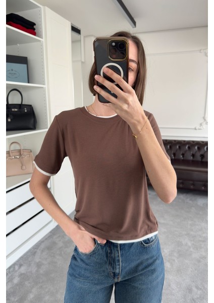 Renk Detay Triko Tshirt- Kahverengi fırsatları